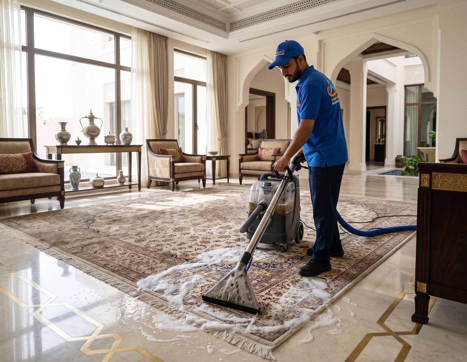 تنظيف سجاد فاخر بالبخار في صالة استقبال